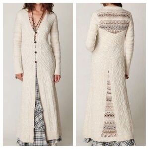 Free People Rare Wool Blend Cable Knit Bobble Bee Maxi Duster Southwestern